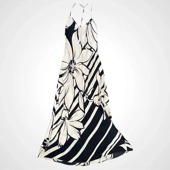 2001 Victoria’s Secret Silk Bold Floral Cream Black Halter Maxi Gown Slip Dress - Picture 2 of 7